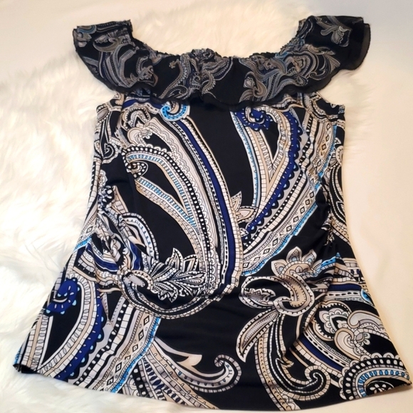 White House Black Market Blue & Black Paisley Print Ruffle Neck Top Size M - Picture 4 of 6